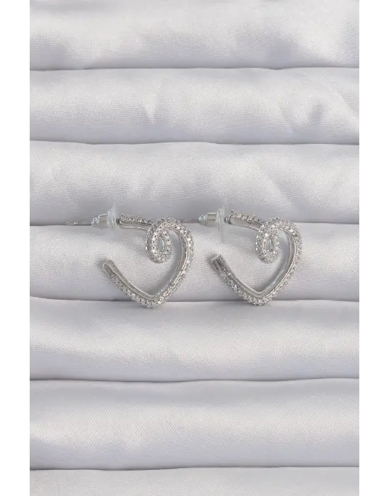  Gümüş Zirkon Taşlı Kıvrımlı Yarım Kalp Küpe