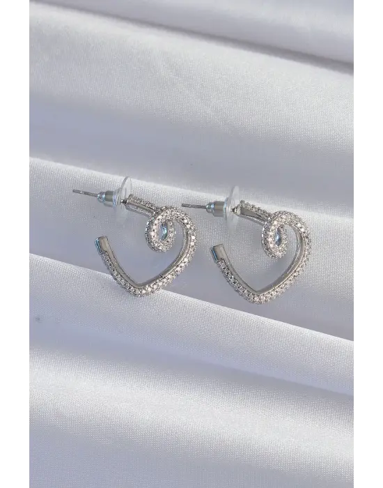  Gümüş Zirkon Taşlı Kıvrımlı Yarım Kalp Küpe