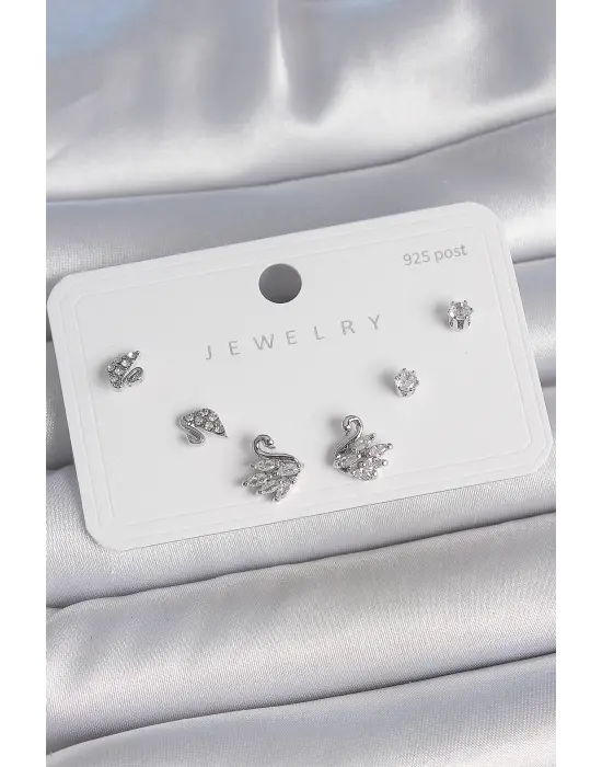 Pirinç Gümüş Renk Zirkon Taşlı Kuğu Model 925 Ayar Gümüş Çivi Kadın Küpe Seti