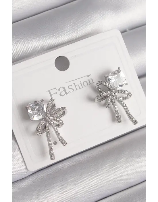 Gümüş Zirkon Taşlı Kurdele Model Çelik Küpe