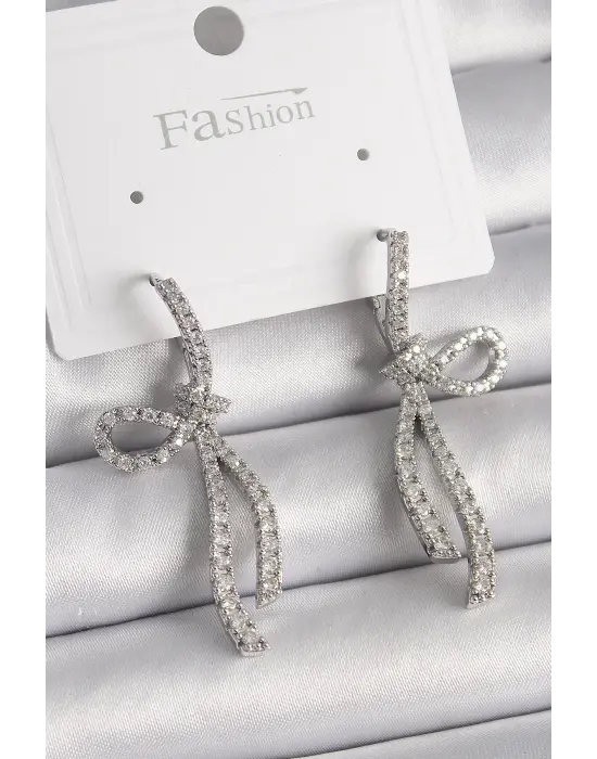 Gümüş Zirkon Taşlı Kurdele Model Çelik Küpe