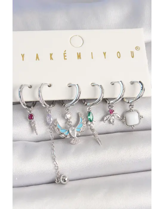 Pirinç Gümüş Renk Zirkon Taşlı Kuş Figür Çiçek Detay 6Lı Kadın Kombin Küpe