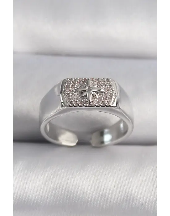  Gümüş Zirkon Taşlı Kutup Yıldız İşleme Çelik Yüzük