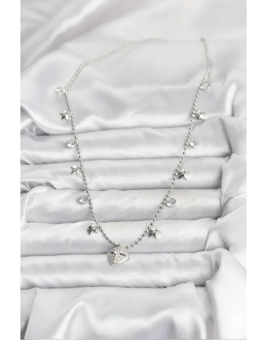 Pirinç Gümüş Renk Zirkon Taşlı Kutup Yıldızı Model Kadın Kolye