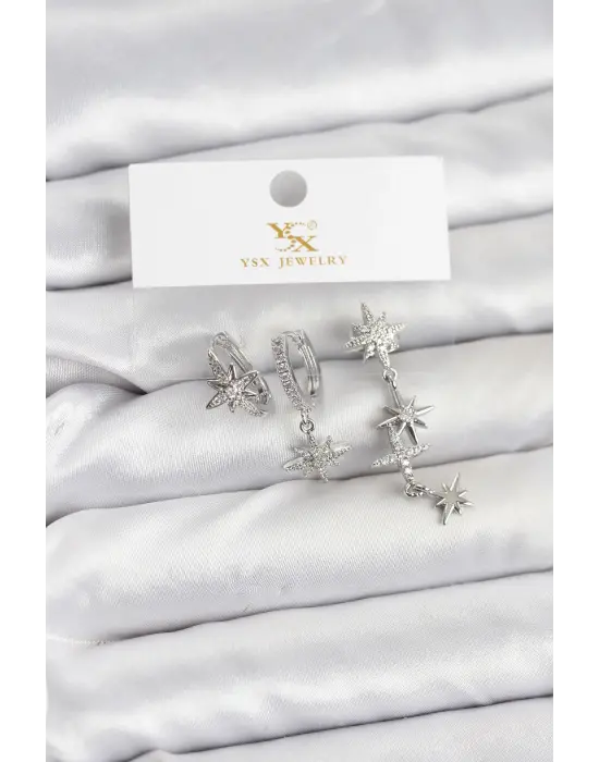 Çelik Gümüş Renk Zirkon Taşlı Kutup Yıldızı Model YSX Trio Küpe Seti