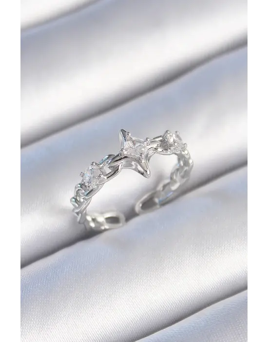  Gümüş Zirkon Taşlı Kutup Yıldızı Zincir Kordon Model Çelik Yüzük