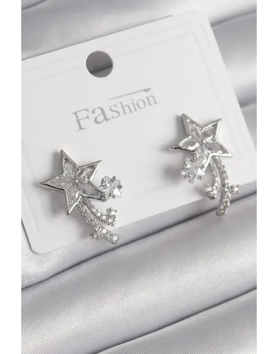 Gümüş Zirkon Taşlı Kuyruklu Yıldız Model Çelik Küpe