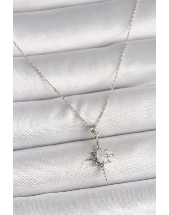 Pirinç Gümüş  Zirkon Taşlı Kuzey Yıldızı Model  Çelik Kolye