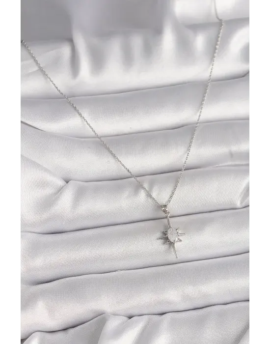 Pirinç Gümüş  Zirkon Taşlı Kuzey Yıldızı Model  Çelik Kolye