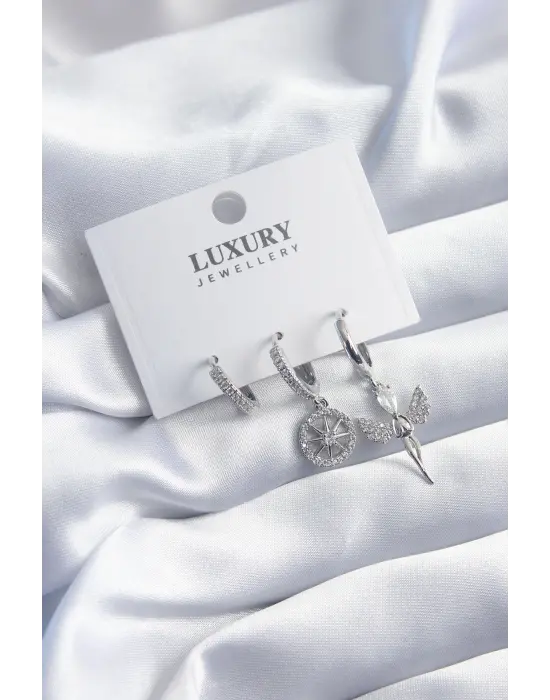 Pirinç Gümüş Renk Zirkon Taşlı Melek Model 3lü Kadın Küpe Seti