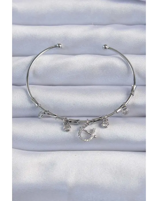 Pirinç Gümüş Renk Zirkon Taşlı Nal Figür Charm Bileklik