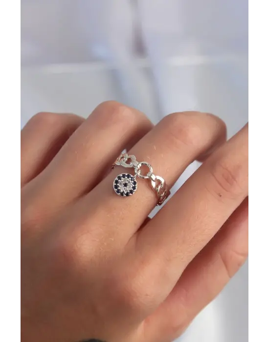  Gümüş Zirkon Taşlı Nazar Boncuk Model Ayarlamalı Yüzük