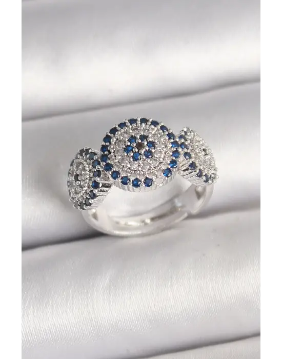 Pirinç Gümüş Renk Zirkon Taşlı Nazar Boncuk Model Ayarlanabilir Kadın Yüzük