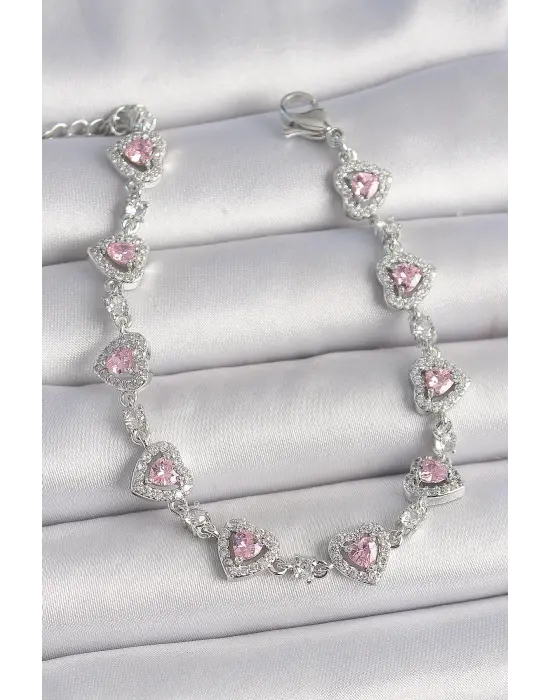 Pirinç Gümüş Renk Zirkon Taşlı Pembe Kalp Model VIP Seri Kadın Bileklik
