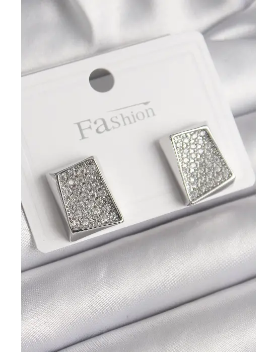  Gümüş Zirkon Taşlı Plaka Model Çelik Küpe