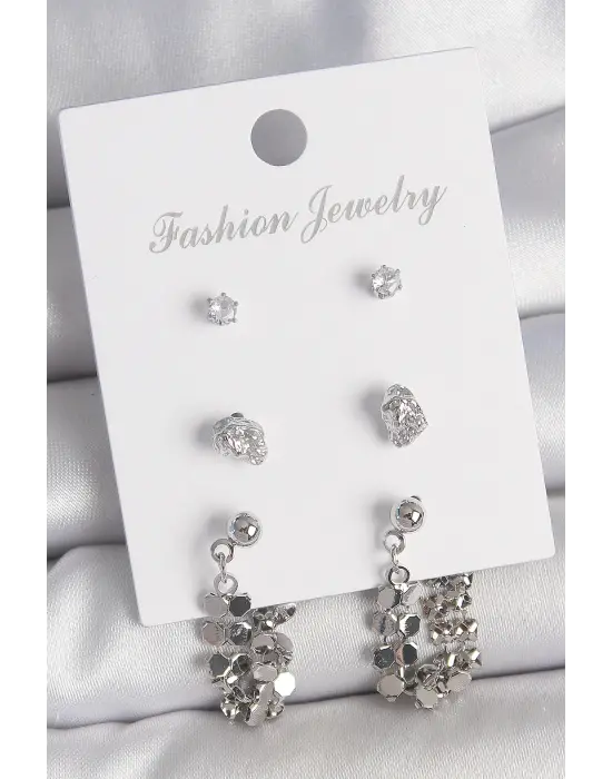 Pirinç Gümüş Renk Zirkon Taşlı Pullu Sallantılı Model 3 Çift Kadın Küpe Seti