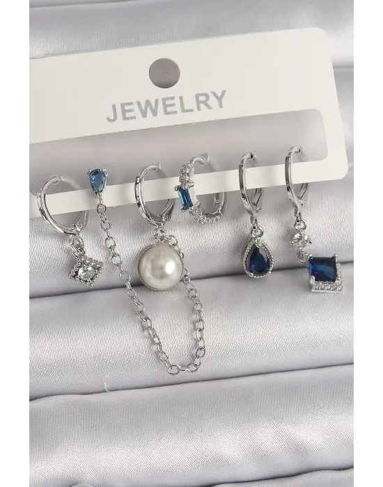 Gümüş Zirkon Taşlı Sallantılı Zincir Detaylı Çelik Küpe Seti