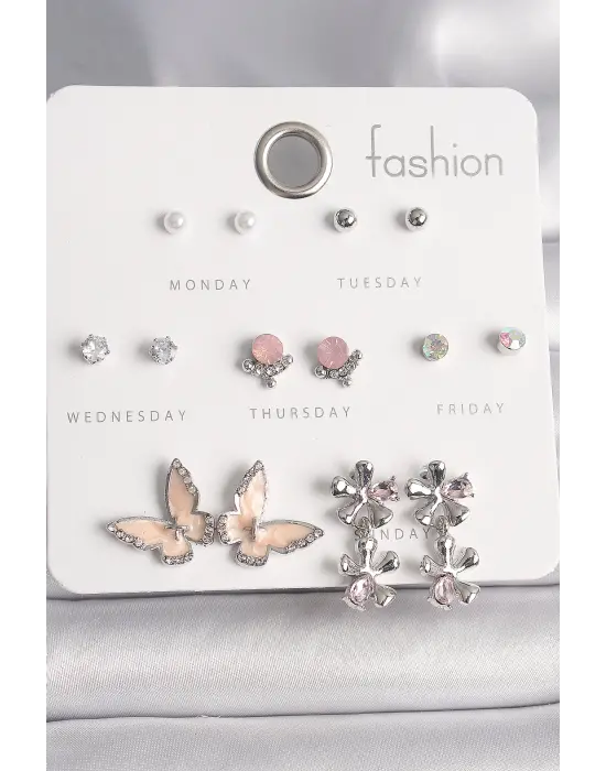  Gümüş Zirkon Taşlı Sallantı Çiçek Mineli Kelebek Figür İnci Detay 7 Çift Çelik Küpe Seti