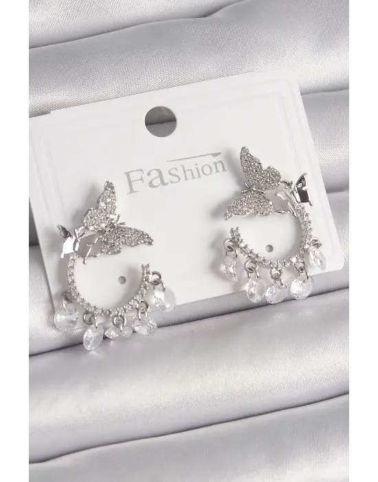  Gümüş Zirkon Taşlı Sallantı Detay Kelebek Model Çelik Küpe