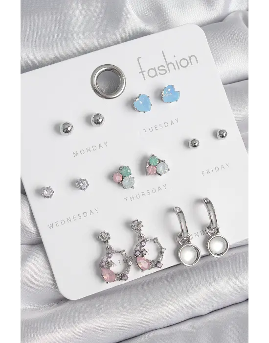 Pirinç Gümüş Renk Zirkon Taşlı Sallantı Halka Model Çiçek Detay 7 Çift Kadın Küpe Seti