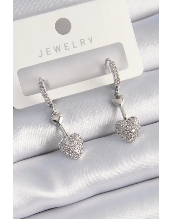  Gümüş Zirkon Taşlı Sallantı Kalp Model Çelik Küpe