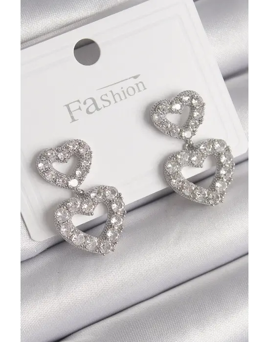  Gümüş Zirkon Taşlı Sallantı Kalp Model Çelik Küpe