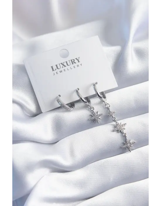 Pirinç Gümüş Renk Zirkon Taşlı Sallantı Kutup Yıldızı Model 3lü Kadın Küpe Seti