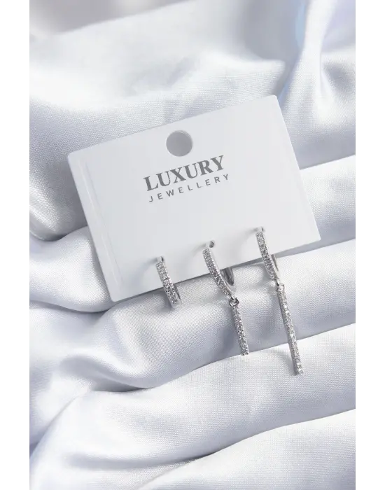 Pirinç Gümüş Renk Zirkon Taşlı Sallantı Model 3lü Kadın Küpe Seti