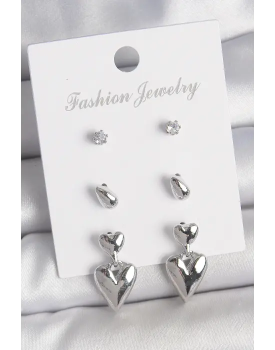 Pirinç Gümüş Renk Zirkon Taşlı Sallantılı Kalp Model 3 Çift Kadın Küpe Seti