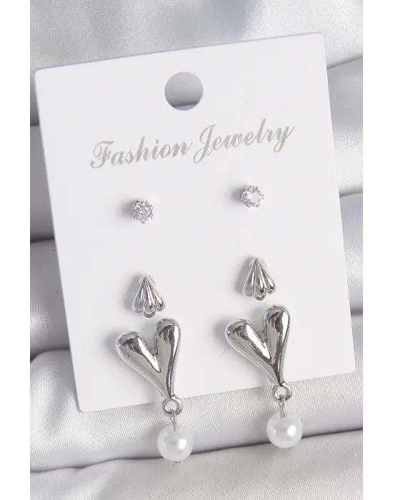 Pirinç Gümüş Renk Zirkon Taşlı Sallantılı Kalp Model 3 Çift Kadın Küpe Seti