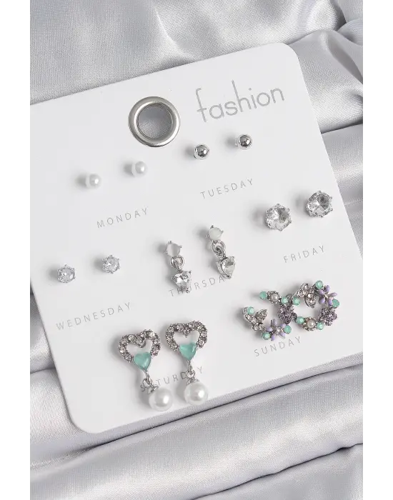 Pirinç Gümüş Renk Zirkon Taşlı Sallantılı Kalp Model Çiçek Detay 7 Çift Kadın Küpe Seti