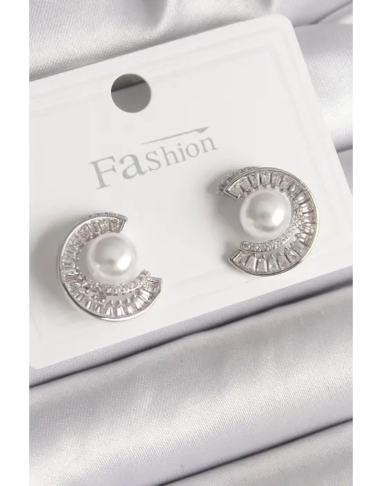  Gümüş Zirkon Taşlı Salyangoz Model İnci Detay Çelik Küpe