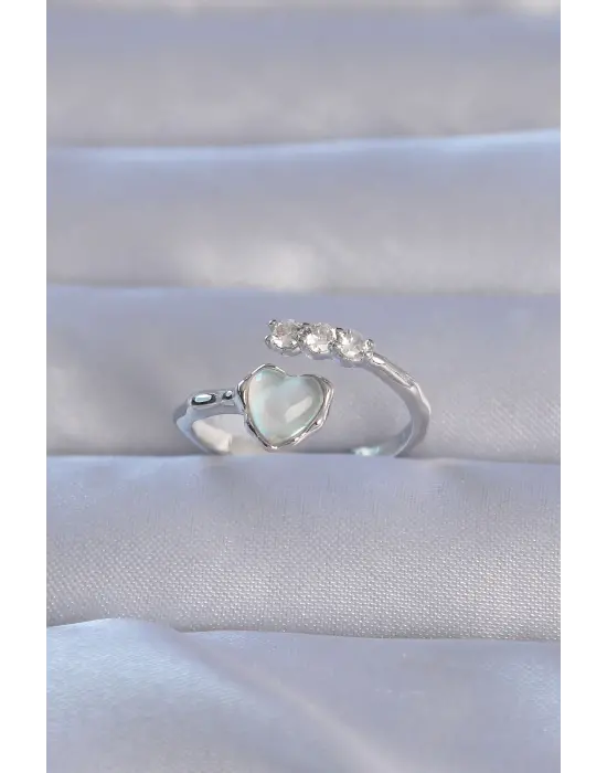  Gümüş Zirkon Taşlı Sedefli Kalp Model Ayarlanabilir Yüzük