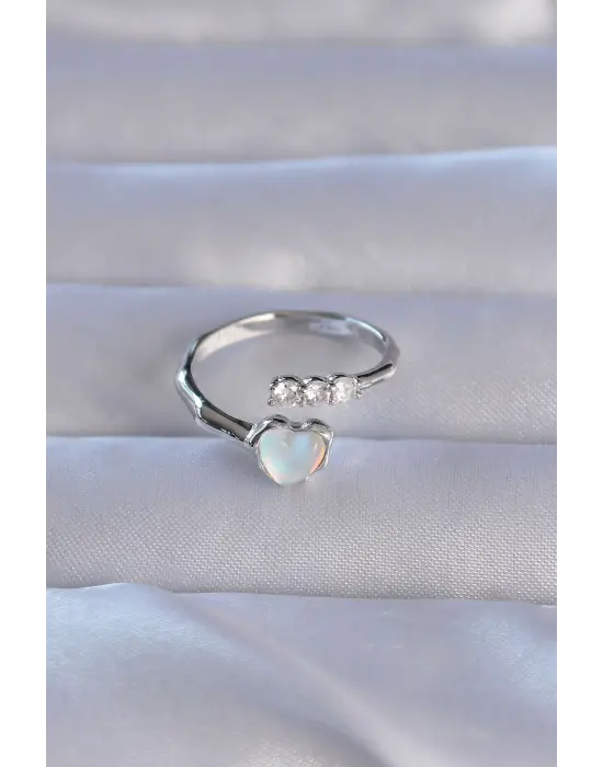  Gümüş Zirkon Taşlı Sedefli Kalp Model Ayarlanabilir Yüzük