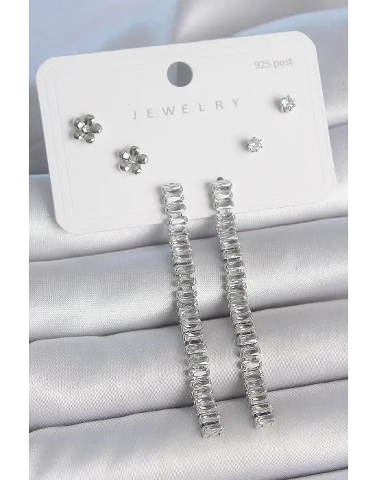 Pirinç Gümüş Renk Zirkon Taşlı Su Yolu Model Çiçek Detay 925 Ayar Gümüş Çivi Kadın Küpe Seti