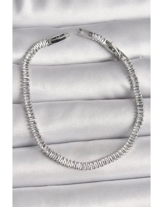 Pirinç Gümüş Renk Zirkon Taşlı Su Yolu Model Kadın Bileklik