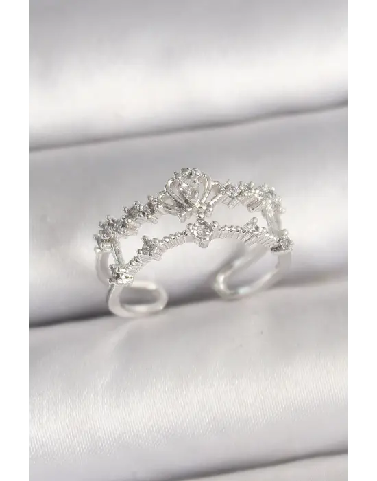 Pirinç Gümüş Renk Zirkon Taşlı Taç Model Ayarlanabilir Kadın Yüzük