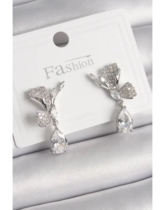  Gümüş Zirkon Taşlı Turna Kuşu Model Sallantı Detay Çelik Küpe