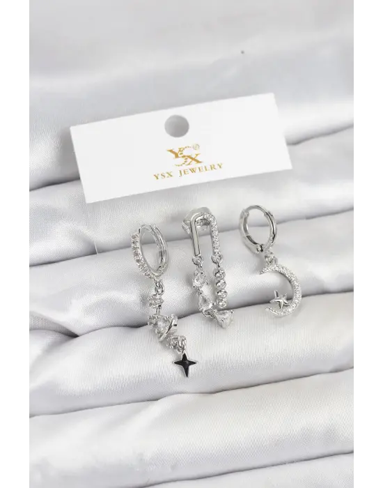 Çelik Gümüş Renk Zirkon Taşlı Uzay Model YSX Trio Küpe Seti