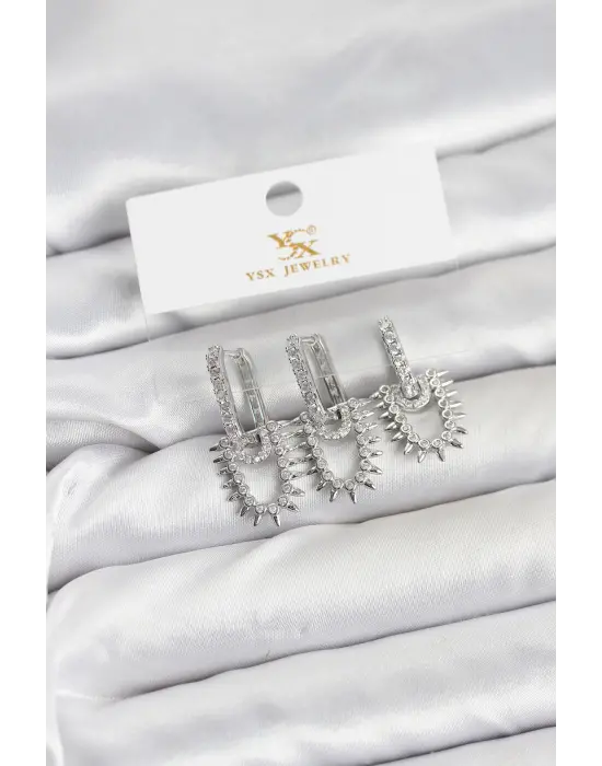 Çelik Gümüş Renk Zirkon Taşlı Vintage Model YSX Trio Küpe Seti