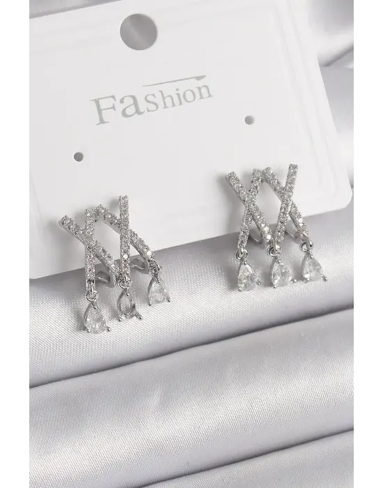  Gümüş Zirkon Taşlı X Model Sallantı Detay Çelik Küpe