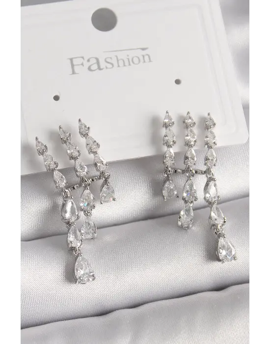  Gümüş Zirkon Taşlı Yağmur Model Çelik Küpe