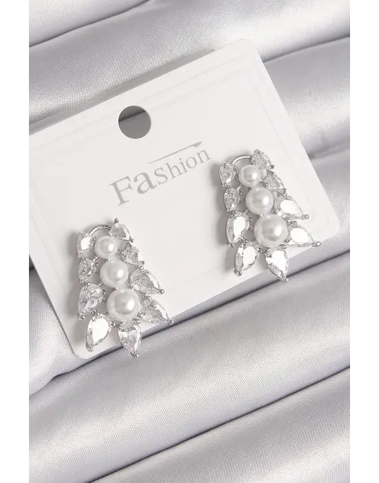  Gümüş Zirkon Taşlı Yaprak Model İnci Detay Çelik Küpe