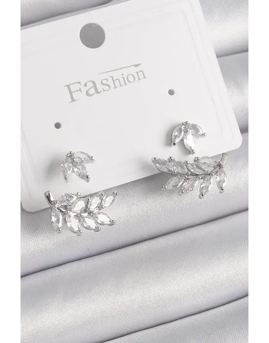  Gümüş Zirkon Taşlı Yaprak Model Çelik Küpe