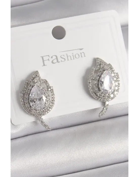  Gümüş Zirkon Taşlı Yaprak Model Çelik Küpe