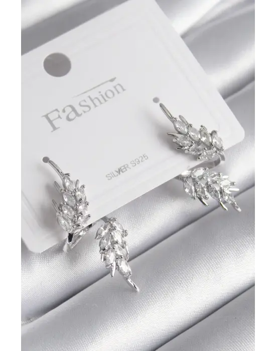  Gümüş Zirkon Taşlı Yaprak Model Çelik Küpe