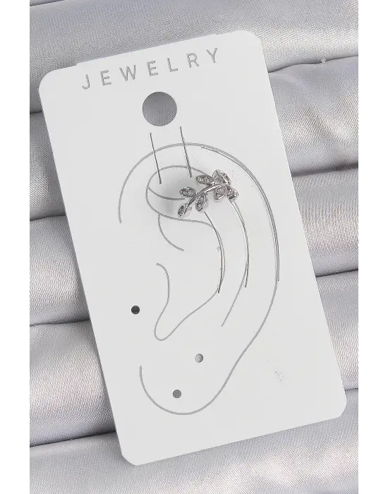 Pirinç Gümüş Renk Zirkon Taşlı Yaprak Model Kıkırdak Kadın Küpe