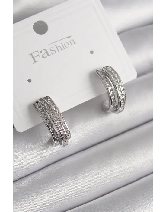  Gümüş Zirkon Taşlı Yarım Halka Model Çelik Küpe