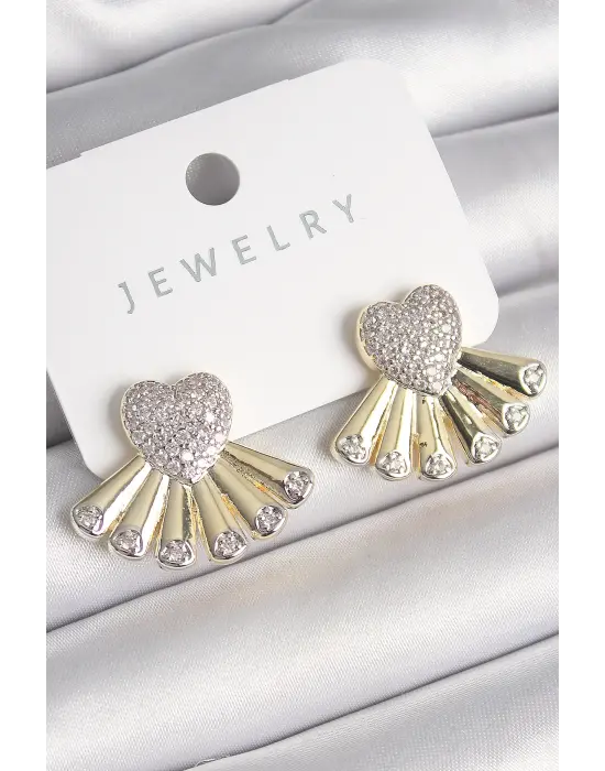  Gümüş Zirkon Taşlı Yelpaze Kalp Model Çelik Küpe