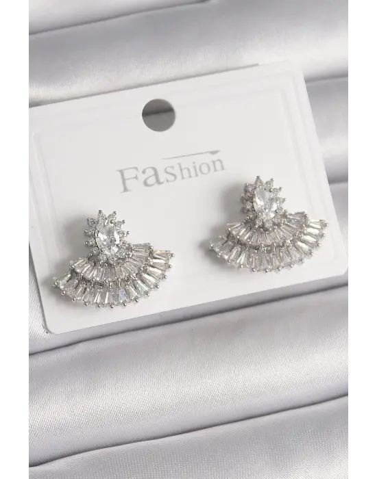  Gümüş Zirkon Taşlı Yelpaze Model Çelik Küpe